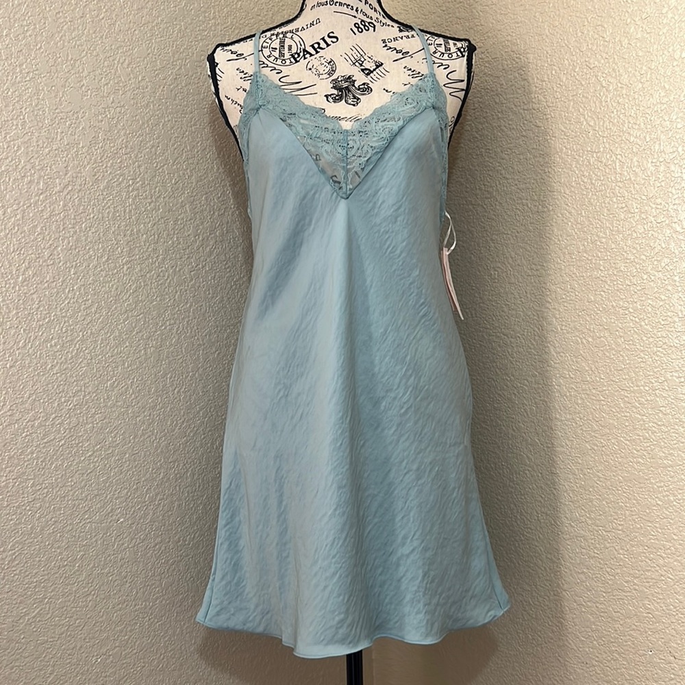 Linea Donatella Sage Satin Lace Trim Slip Chemise Nightgown / Dress